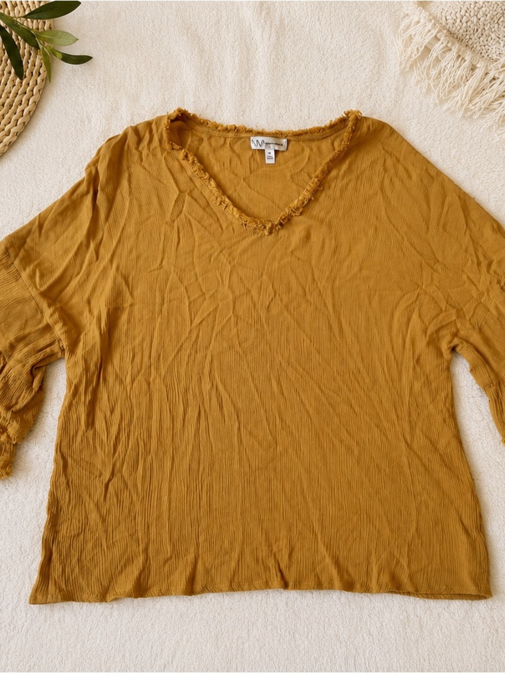 Neiman Marcus Mustard Yellow 100% Viscose Bell Sleeve Boho Blouse Size M